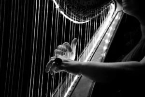 Hands playing a harp