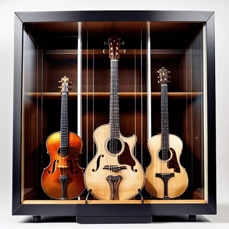 two guitars and a violin displayed in a glass case